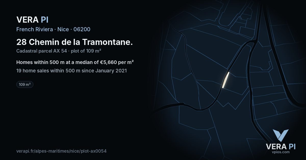 28 Chemin de la Tramontane, Nice at night – the plot lit, the parcels around coloured by the prices near them