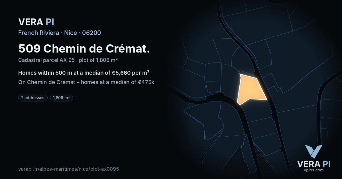 509 Chemin de Crémat, Nice at night – the plot lit, the parcels around coloured by the prices near them