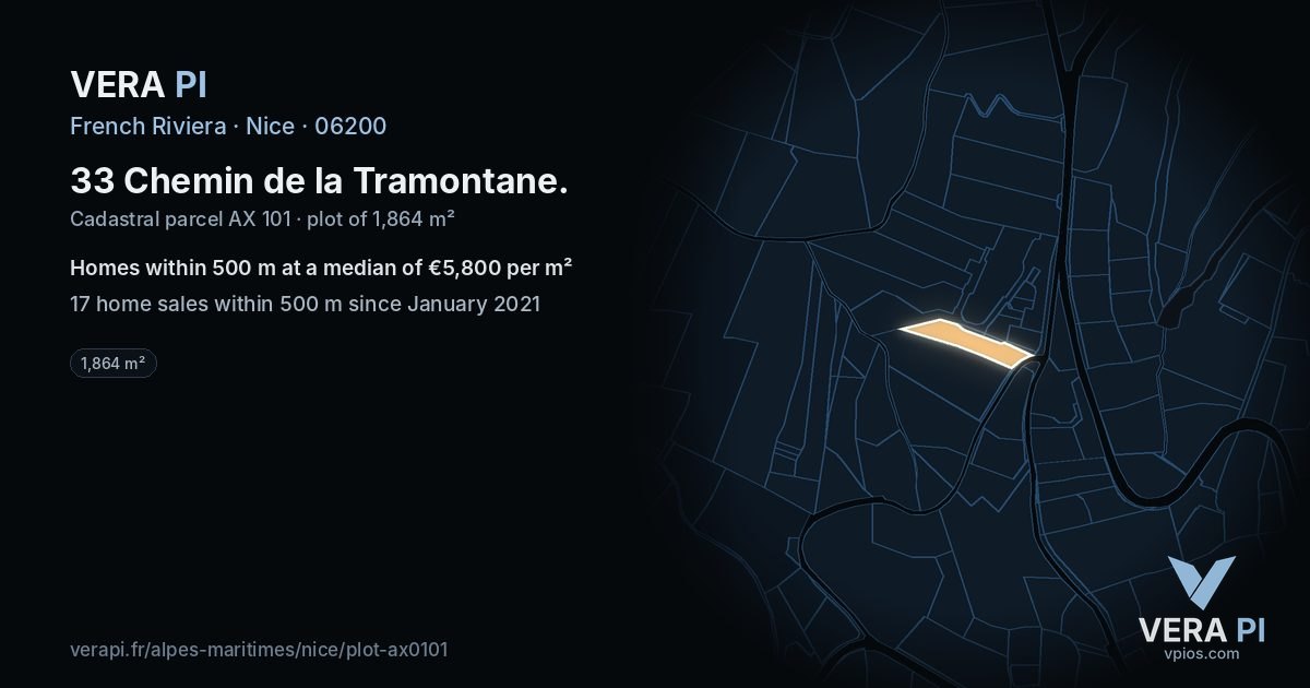 33 Chemin de la Tramontane, Nice at night – the plot lit, the parcels around coloured by the prices near them