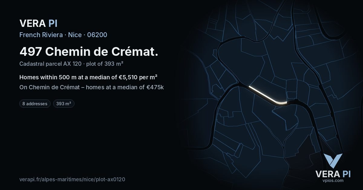 497 Chemin de Crémat, Nice at night – the plot lit, the parcels around coloured by the prices near them