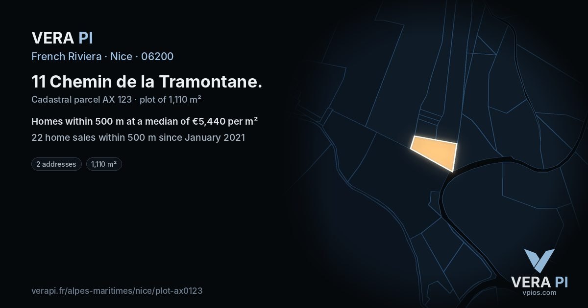 11 Chemin de la Tramontane, Nice at night – the plot lit, the parcels around coloured by the prices near them
