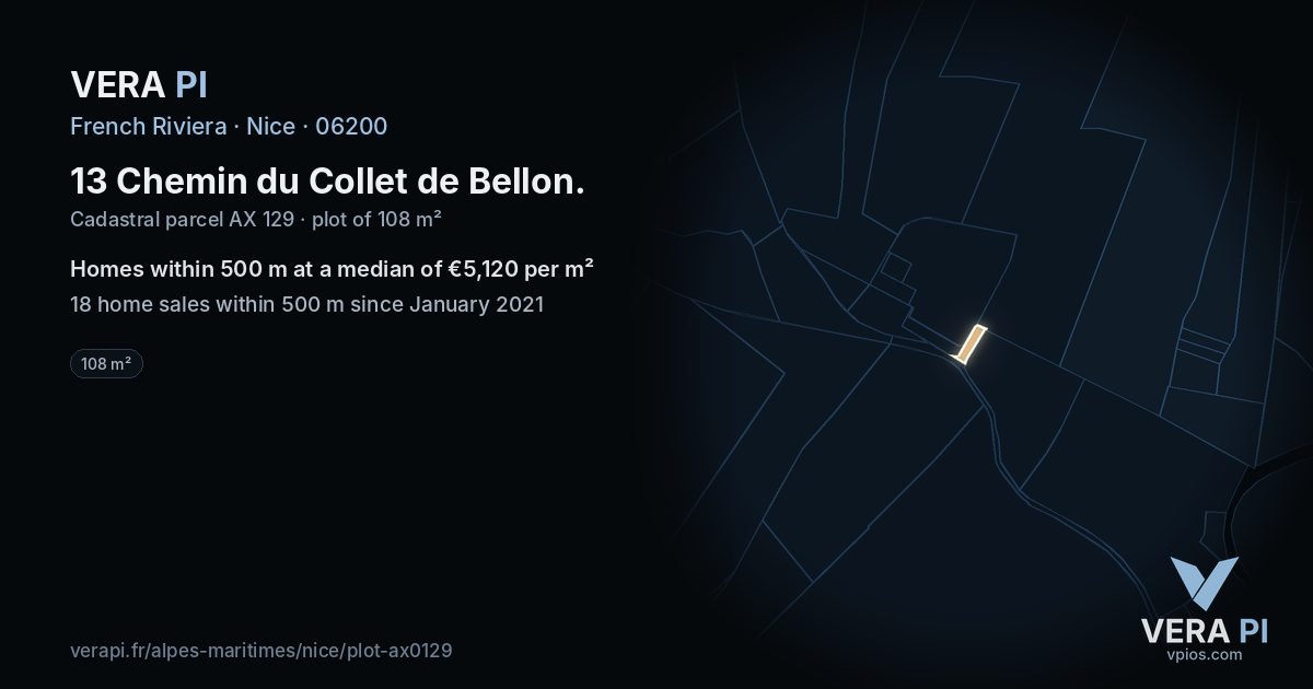 13 Chemin du Collet de Bellon, Nice at night – the plot lit, the parcels around coloured by the prices near them