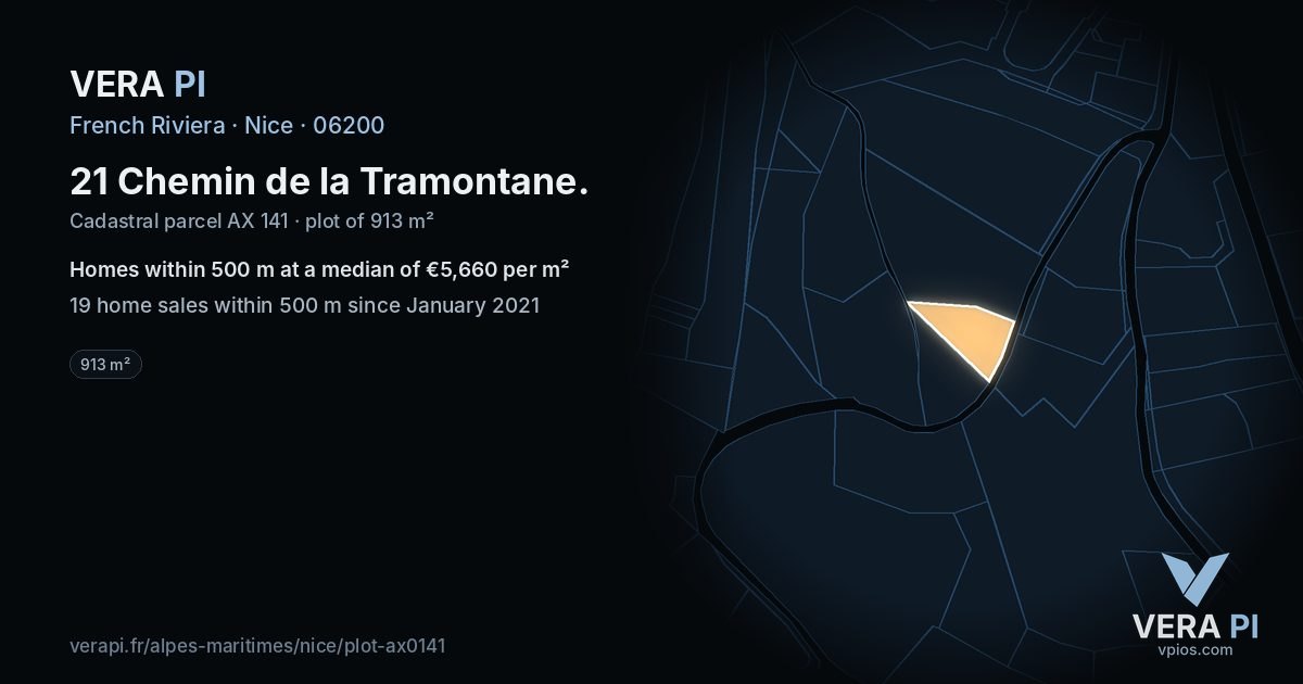 21 Chemin de la Tramontane, Nice at night – the plot lit, the parcels around coloured by the prices near them