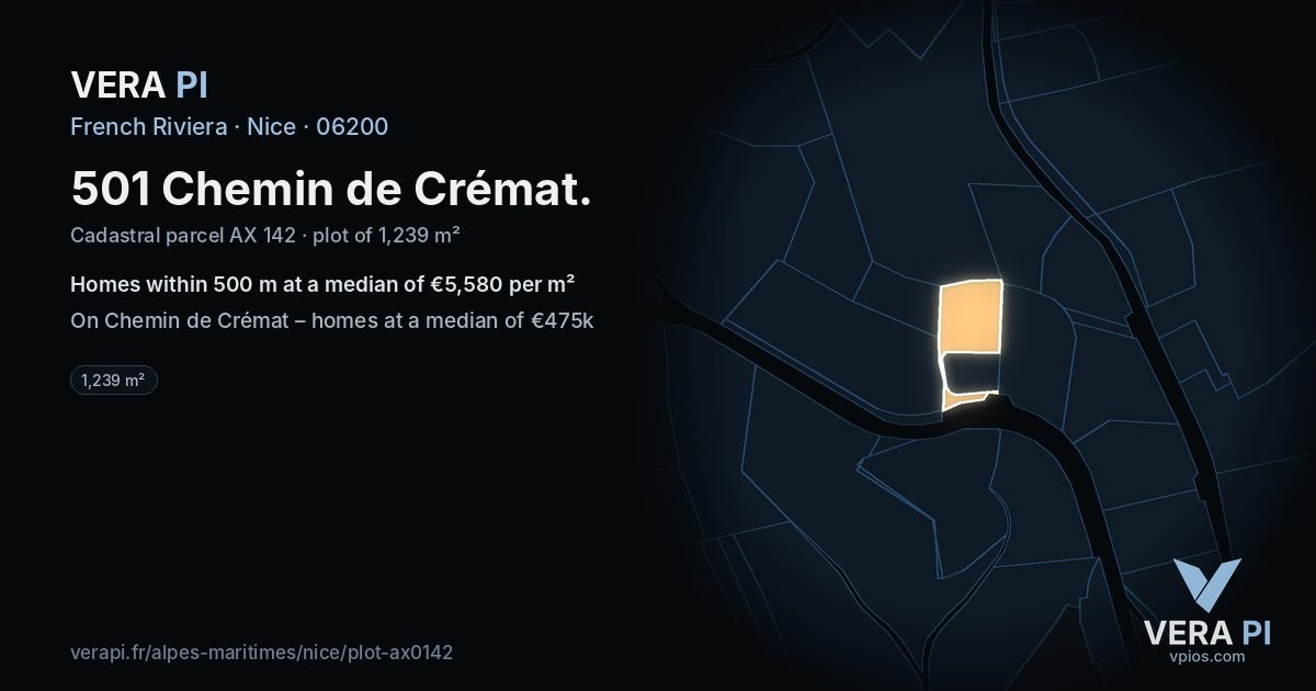 501 Chemin de Crémat, Nice at night – the plot lit, the parcels around coloured by the prices near them