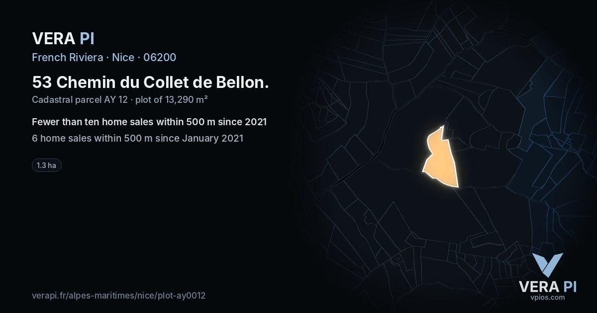 53 Chemin du Collet de Bellon, Nice at night – the plot lit, the parcels around coloured by the prices near them
