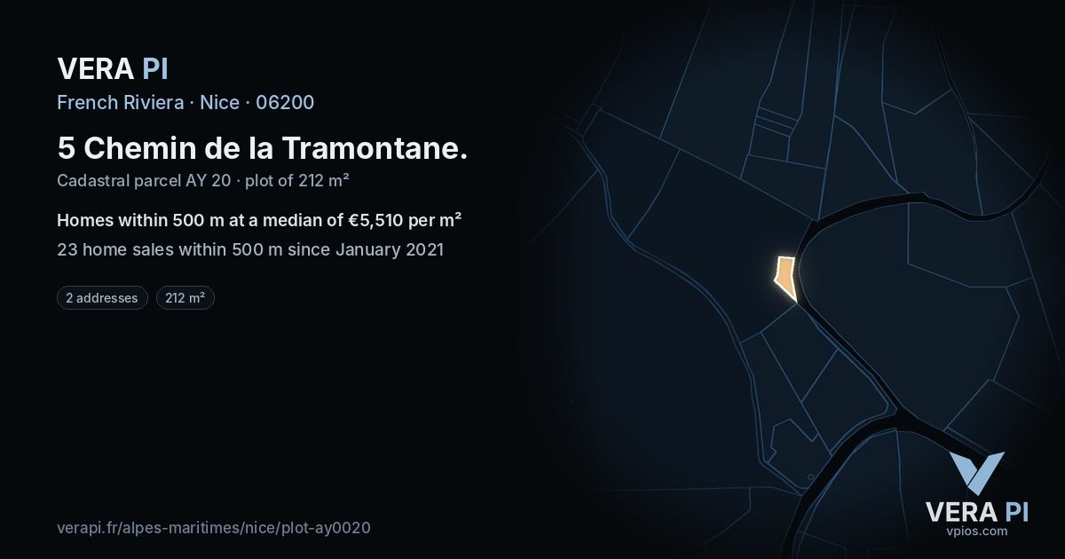 5 Chemin de la Tramontane, Nice at night – the plot lit, the parcels around coloured by the prices near them