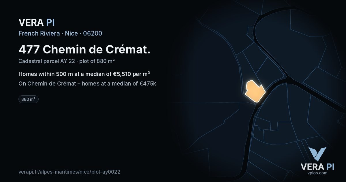 477 Chemin de Crémat, Nice at night – the plot lit, the parcels around coloured by the prices near them