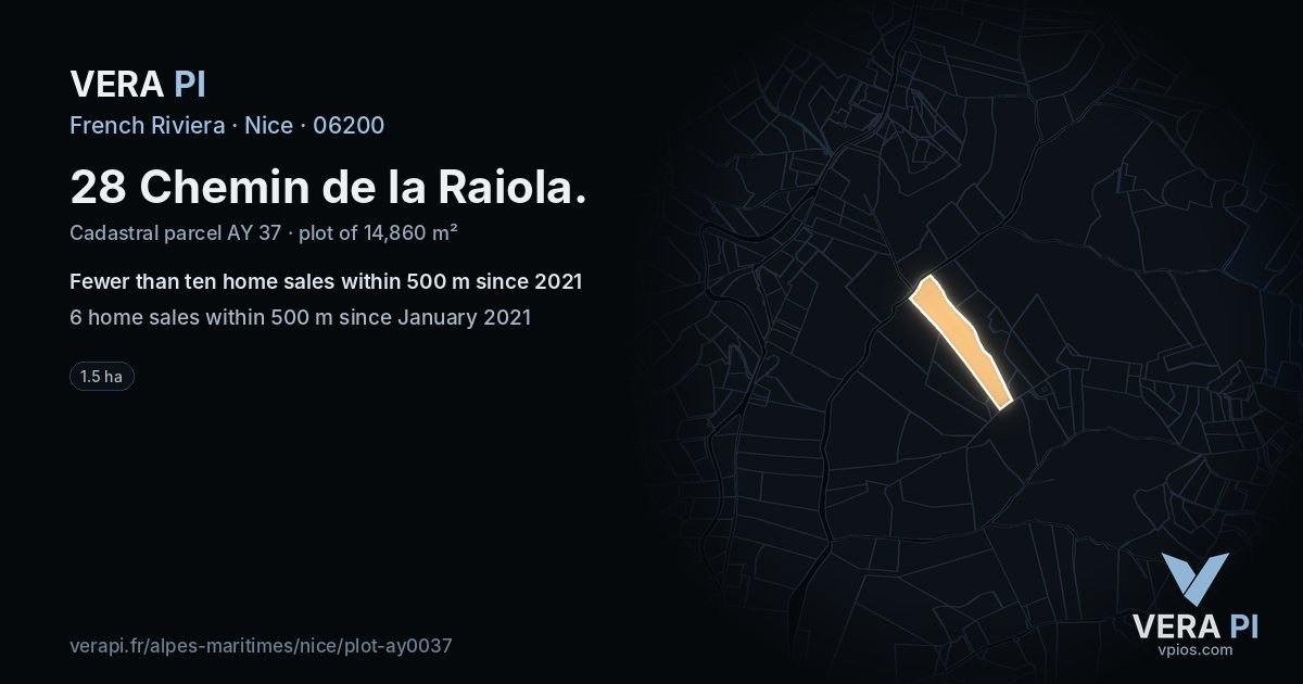 28 Chemin de la Raiola, Nice at night – the plot lit, the parcels around coloured by the prices near them
