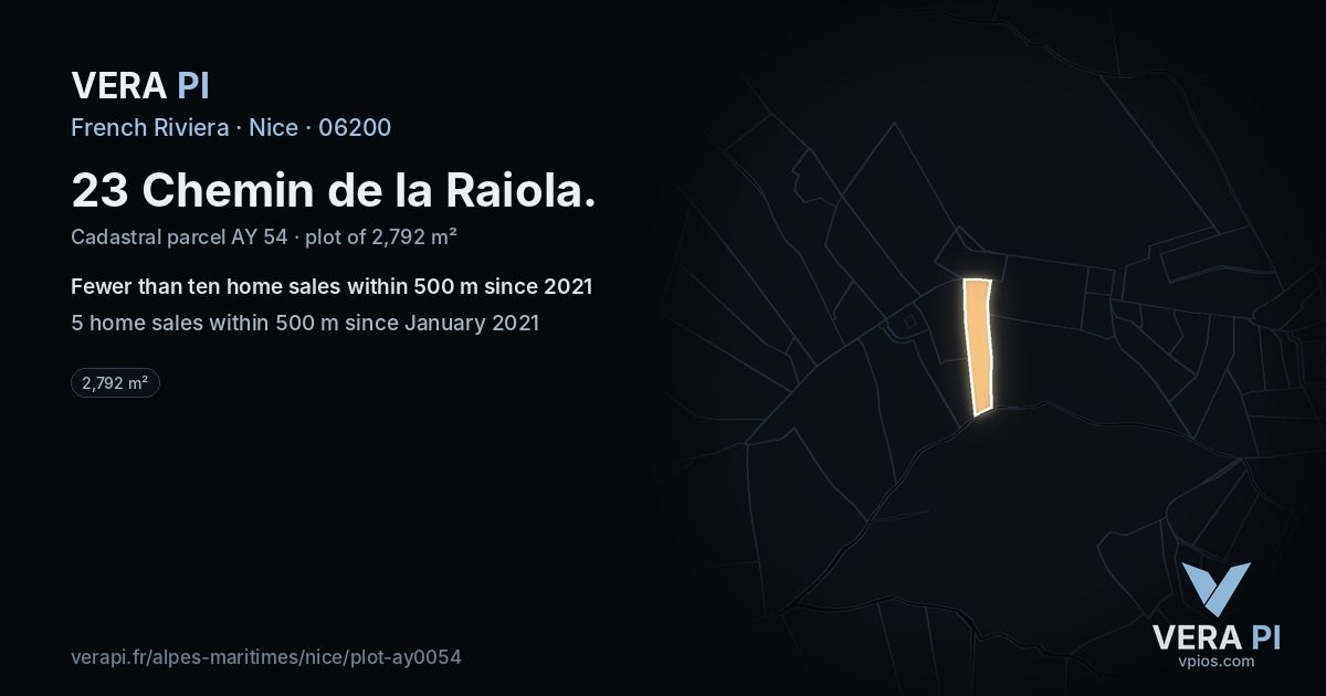 23 Chemin de la Raiola, Nice at night – the plot lit, the parcels around coloured by the prices near them