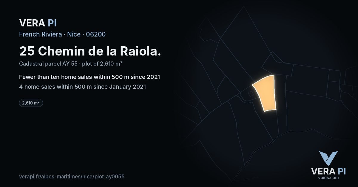 25 Chemin de la Raiola, Nice at night – the plot lit, the parcels around coloured by the prices near them