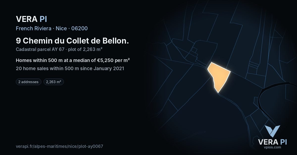 9 Chemin du Collet de Bellon, Nice at night – the plot lit, the parcels around coloured by the prices near them