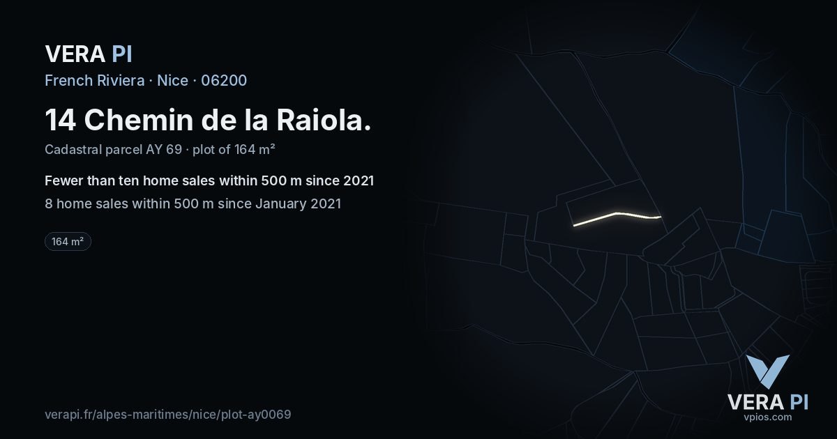14 Chemin de la Raiola, Nice at night – the plot lit, the parcels around coloured by the prices near them
