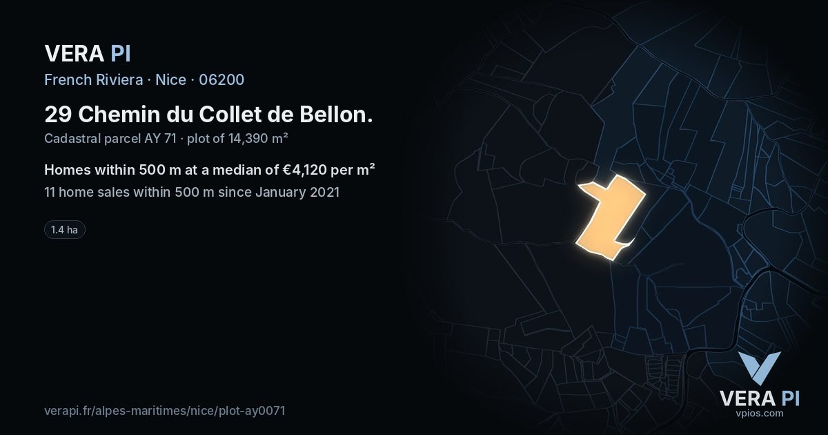 29 Chemin du Collet de Bellon, Nice at night – the plot lit, the parcels around coloured by the prices near them