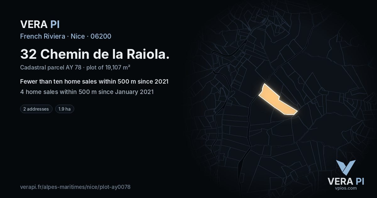 32 Chemin de la Raiola, Nice at night – the plot lit, the parcels around coloured by the prices near them