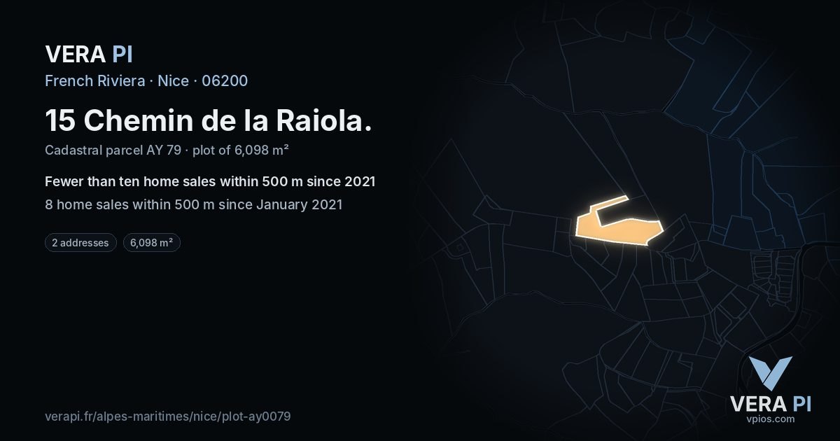 15 Chemin de la Raiola, Nice at night – the plot lit, the parcels around coloured by the prices near them
