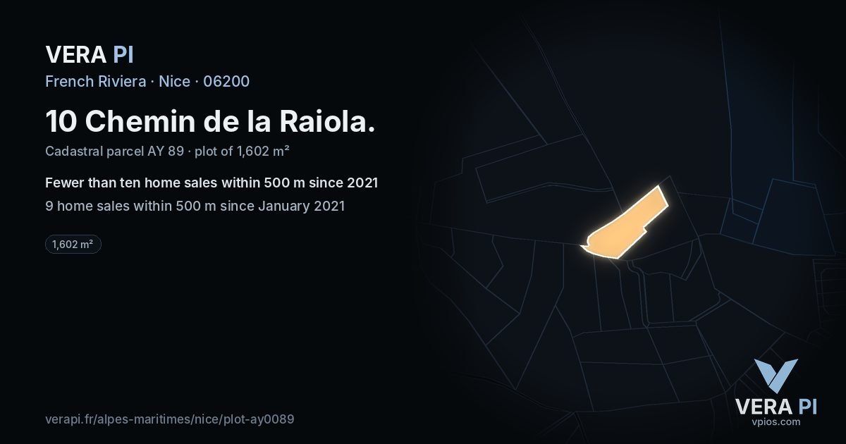10 Chemin de la Raiola, Nice at night – the plot lit, the parcels around coloured by the prices near them