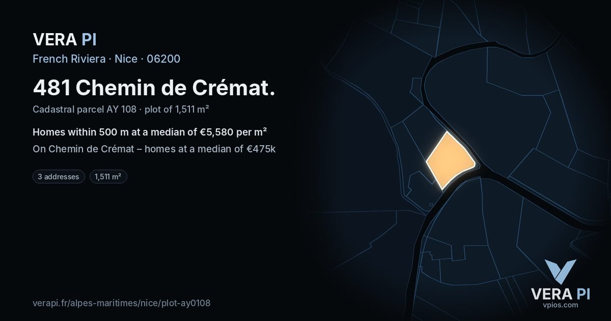 481 Chemin de Crémat, Nice at night – the plot lit, the parcels around coloured by the prices near them