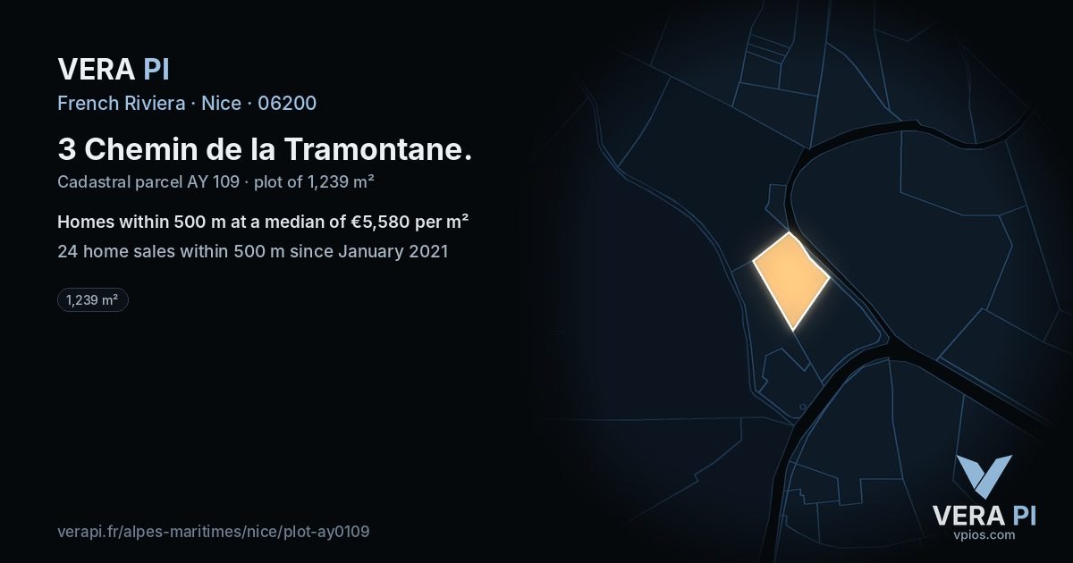 3 Chemin de la Tramontane, Nice at night – the plot lit, the parcels around coloured by the prices near them