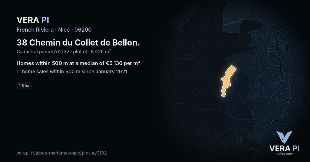 38 Chemin du Collet de Bellon, Nice at night – the plot lit, the parcels around coloured by the prices near them