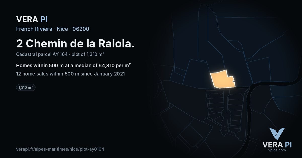 2 Chemin de la Raiola, Nice at night – the plot lit, the parcels around coloured by the prices near them