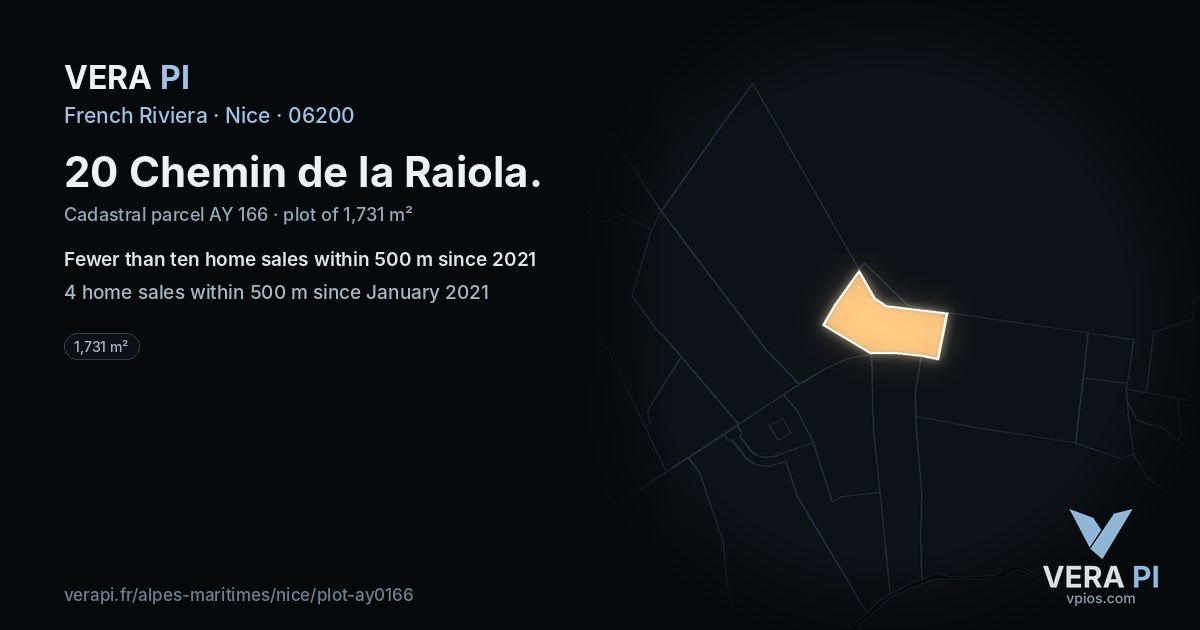 20 Chemin de la Raiola, Nice at night – the plot lit, the parcels around coloured by the prices near them