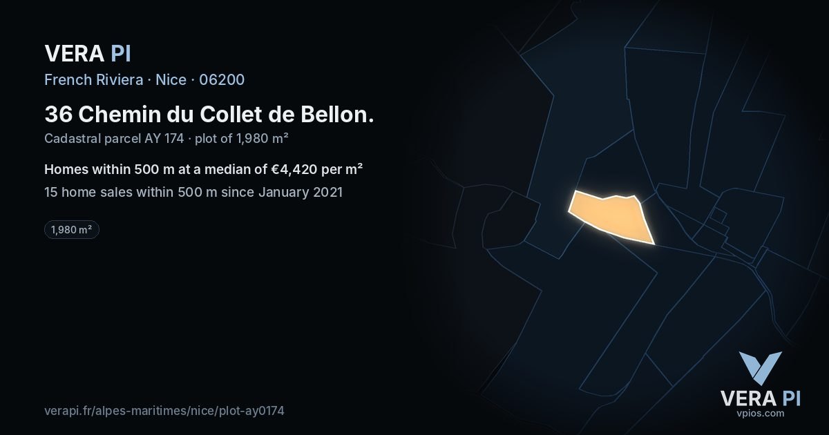 36 Chemin du Collet de Bellon, Nice at night – the plot lit, the parcels around coloured by the prices near them