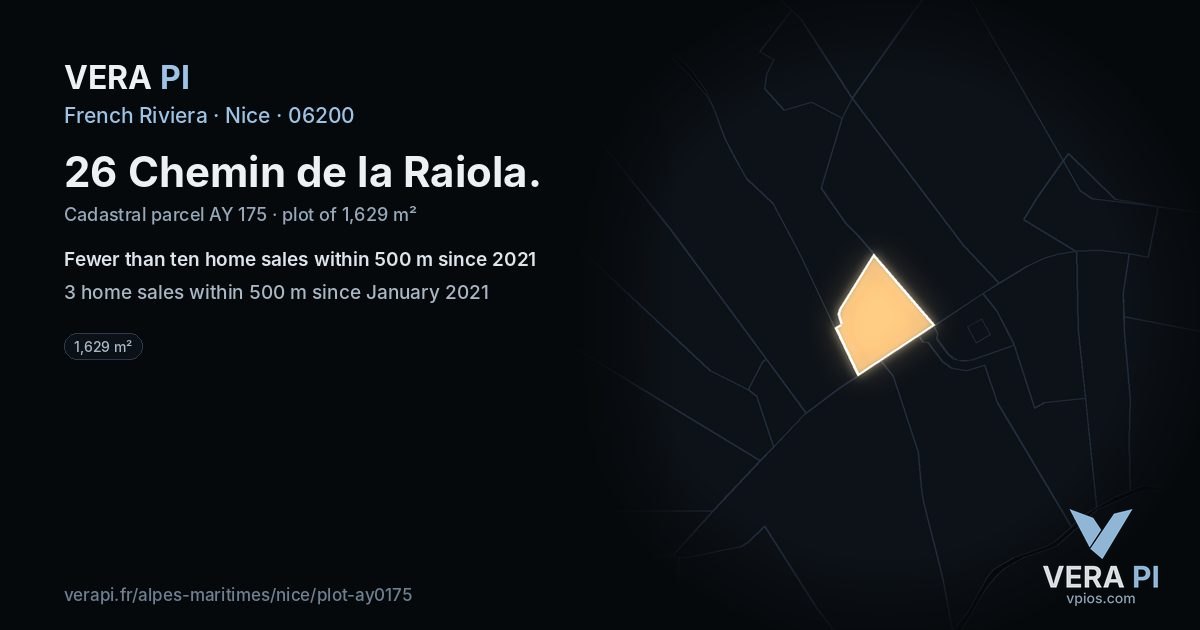 26 Chemin de la Raiola, Nice at night – the plot lit, the parcels around coloured by the prices near them