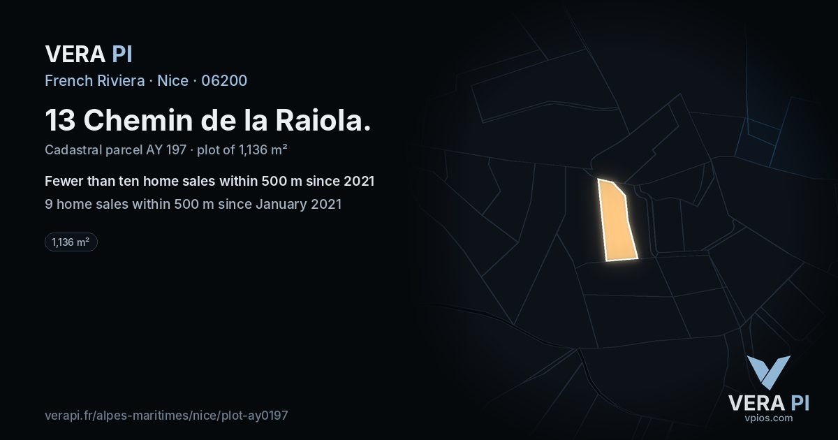 13 Chemin de la Raiola, Nice at night – the plot lit, the parcels around coloured by the prices near them