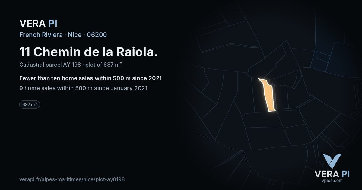 11 Chemin de la Raiola, Nice at night – the plot lit, the parcels around coloured by the prices near them