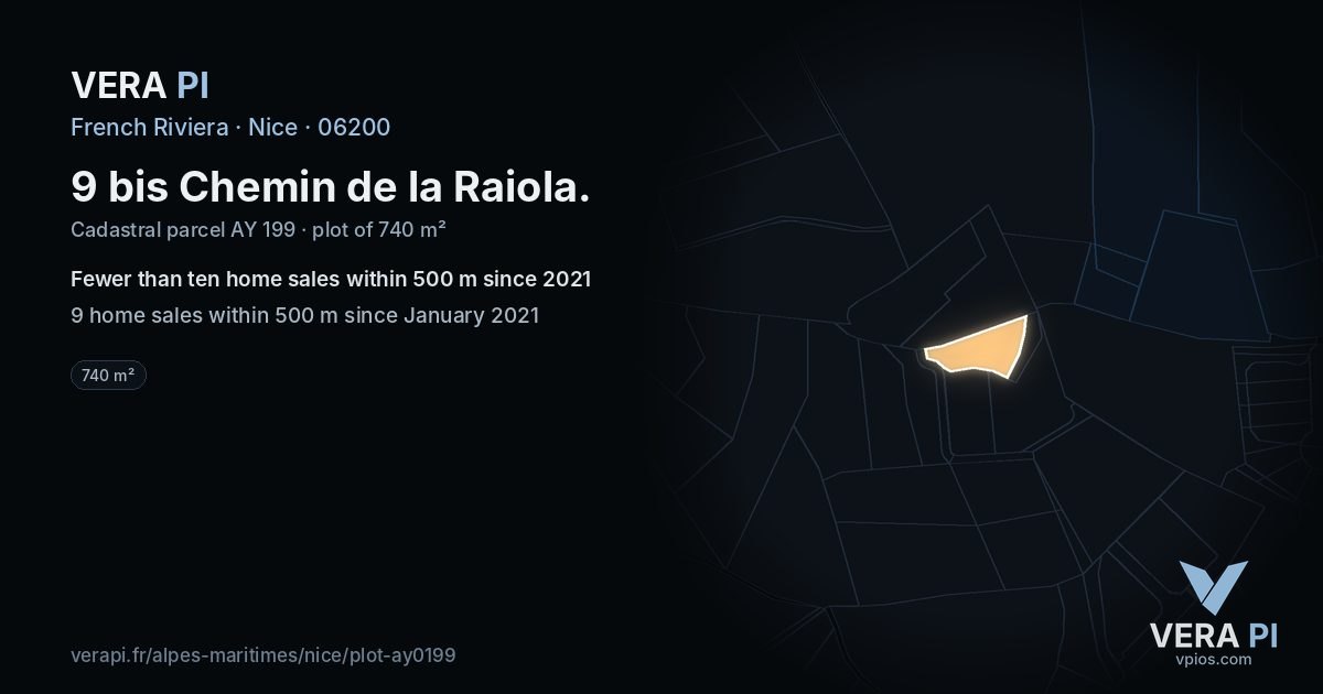9 bis Chemin de la Raiola, Nice at night – the plot lit, the parcels around coloured by the prices near them