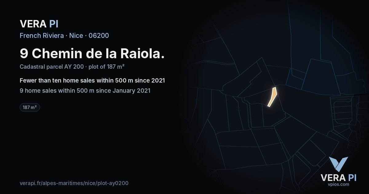 9 Chemin de la Raiola, Nice at night – the plot lit, the parcels around coloured by the prices near them