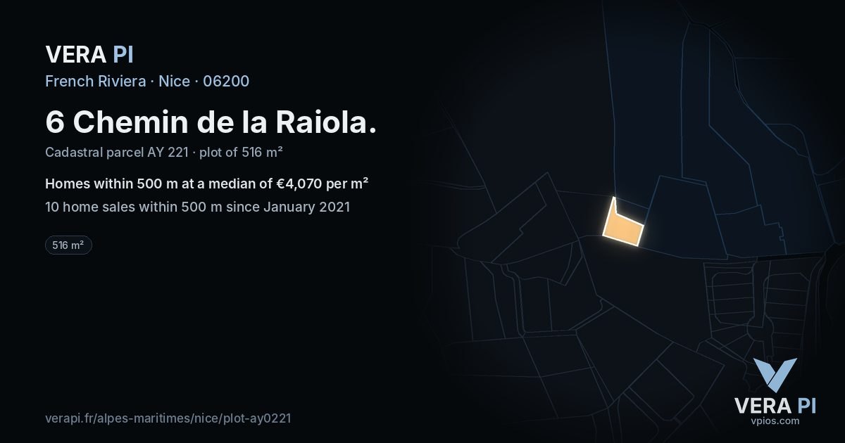 6 Chemin de la Raiola, Nice at night – the plot lit, the parcels around coloured by the prices near them