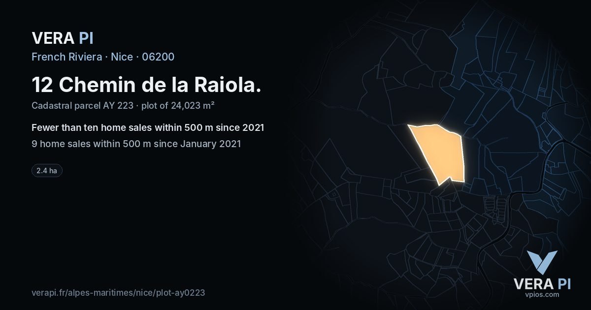 12 Chemin de la Raiola, Nice at night – the plot lit, the parcels around coloured by the prices near them