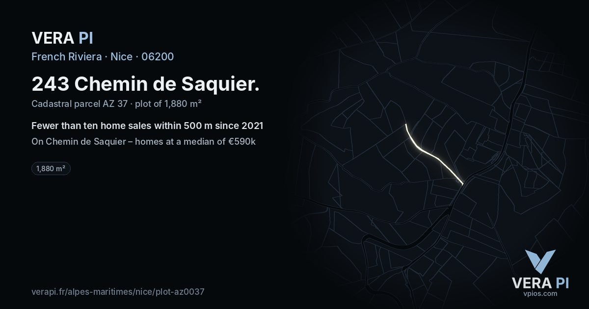 243 Chemin de Saquier, Nice at night – the plot lit, the parcels around coloured by the prices near them