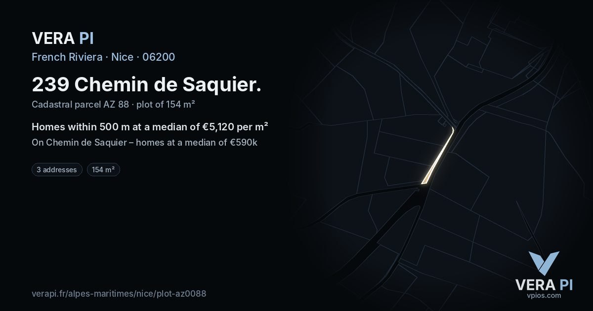 239 Chemin de Saquier, Nice at night – the plot lit, the parcels around coloured by the prices near them