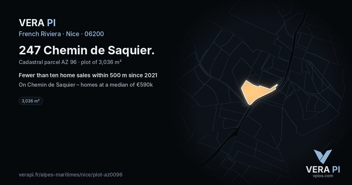 247 Chemin de Saquier, Nice at night – the plot lit, the parcels around coloured by the prices near them