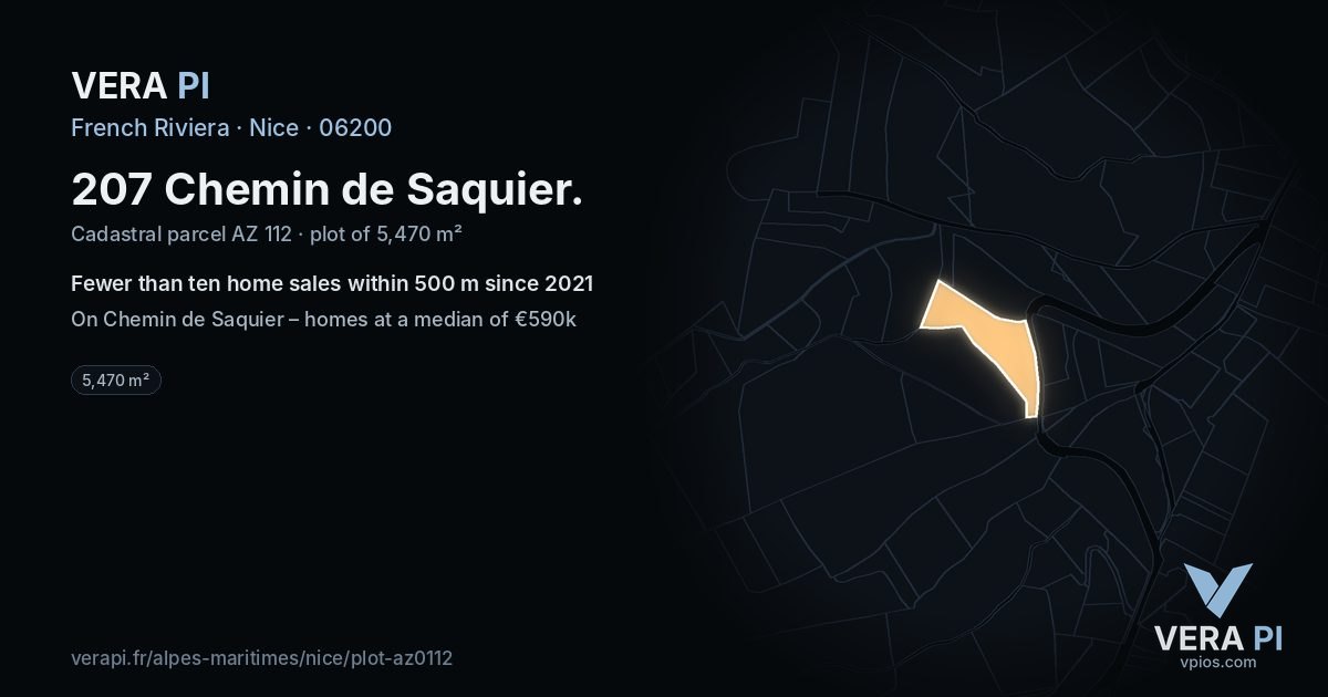 207 Chemin de Saquier, Nice at night – the plot lit, the parcels around coloured by the prices near them