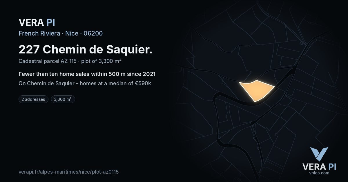 227 Chemin de Saquier, Nice at night – the plot lit, the parcels around coloured by the prices near them