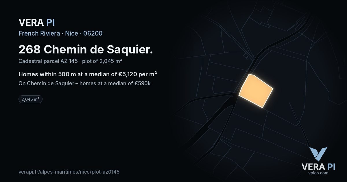 268 Chemin de Saquier, Nice at night – the plot lit, the parcels around coloured by the prices near them