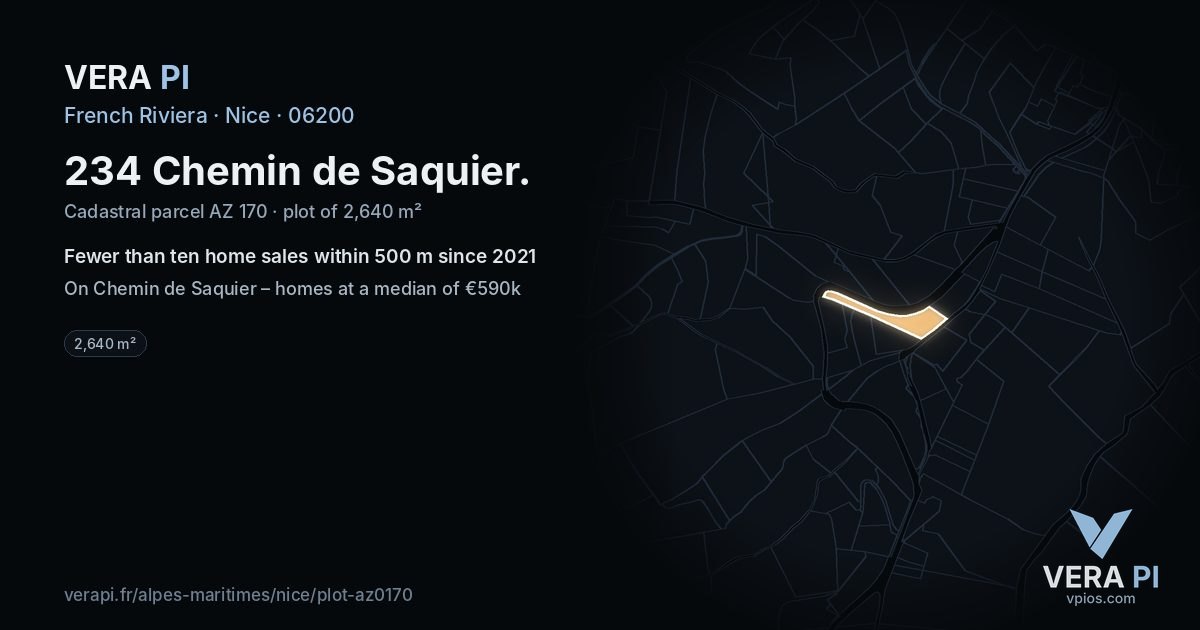 234 Chemin de Saquier, Nice at night – the plot lit, the parcels around coloured by the prices near them