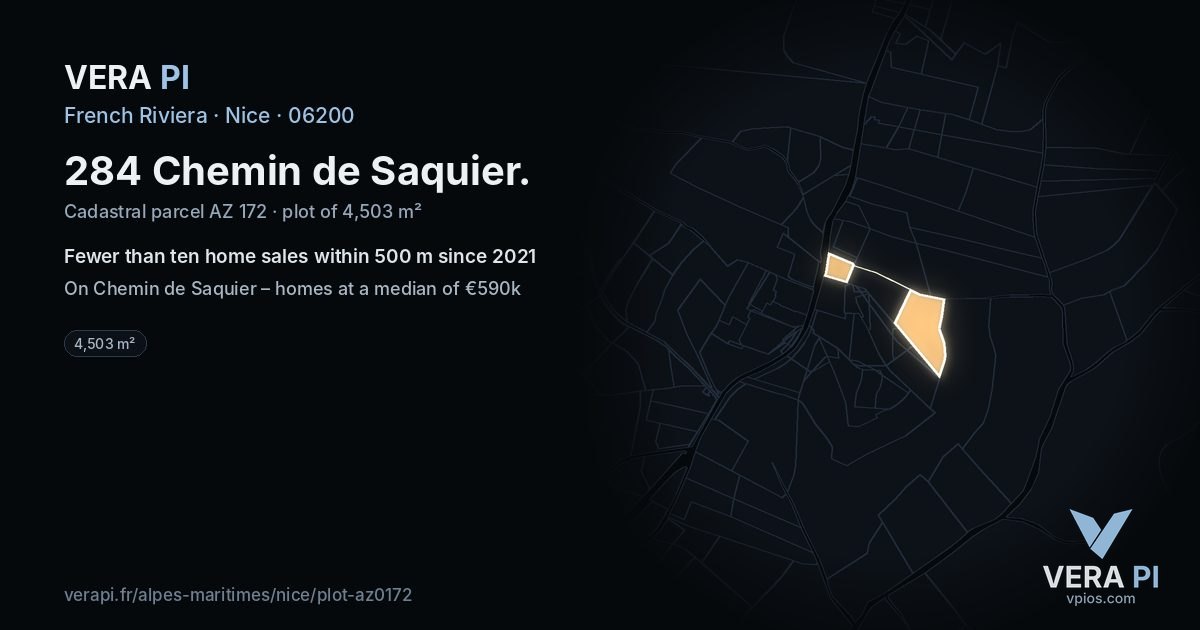 284 Chemin de Saquier, Nice at night – the plot lit, the parcels around coloured by the prices near them
