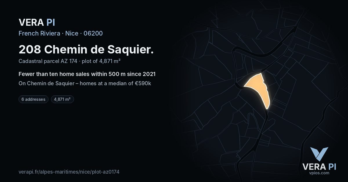 208 Chemin de Saquier, Nice at night – the plot lit, the parcels around coloured by the prices near them