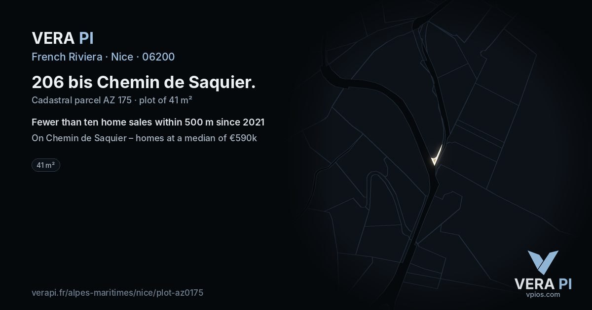 206 bis Chemin de Saquier, Nice at night – the plot lit, the parcels around coloured by the prices near them
