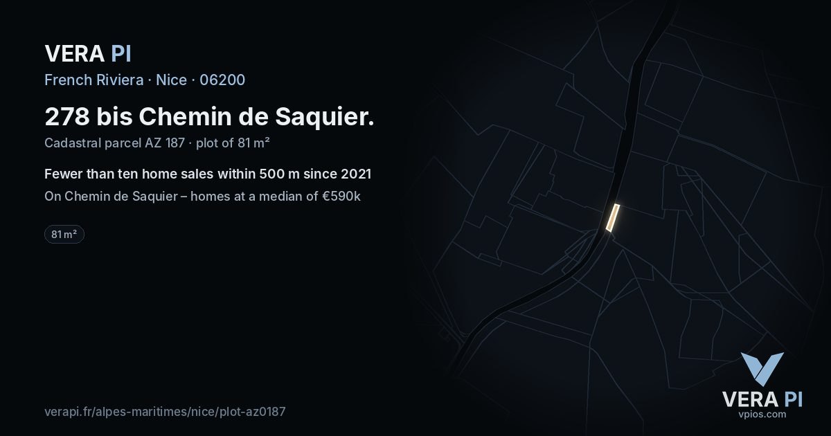 278 bis Chemin de Saquier, Nice at night – the plot lit, the parcels around coloured by the prices near them