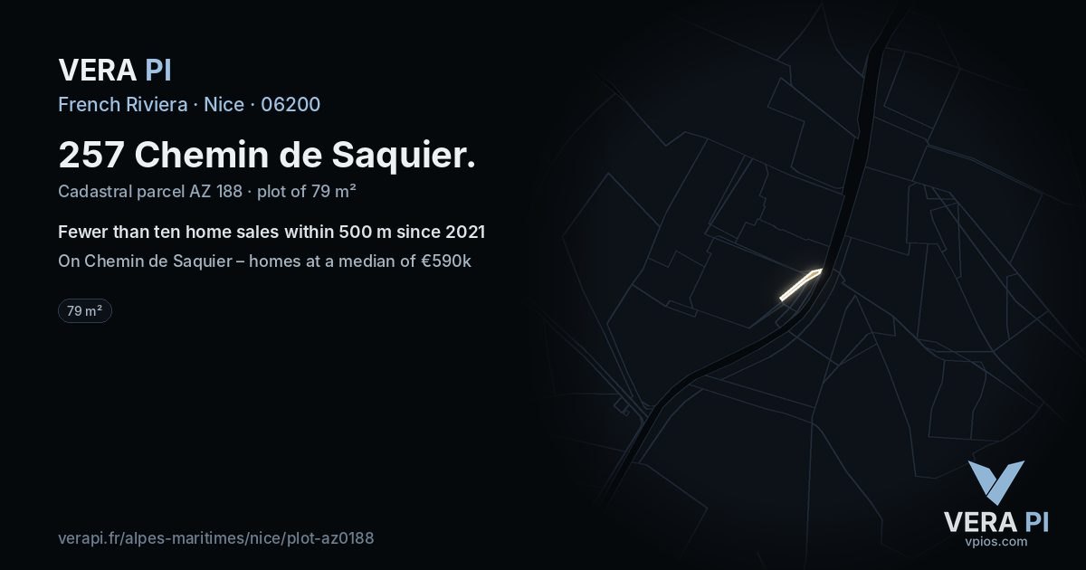 257 Chemin de Saquier, Nice at night – the plot lit, the parcels around coloured by the prices near them