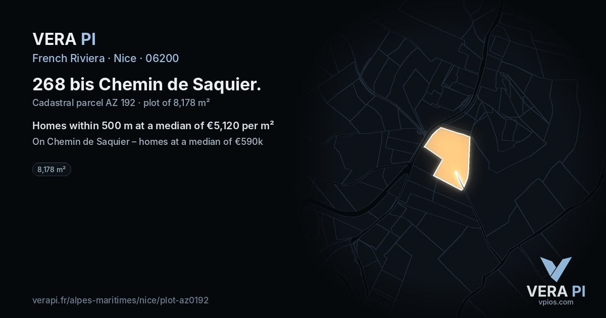 268 bis Chemin de Saquier, Nice at night – the plot lit, the parcels around coloured by the prices near them