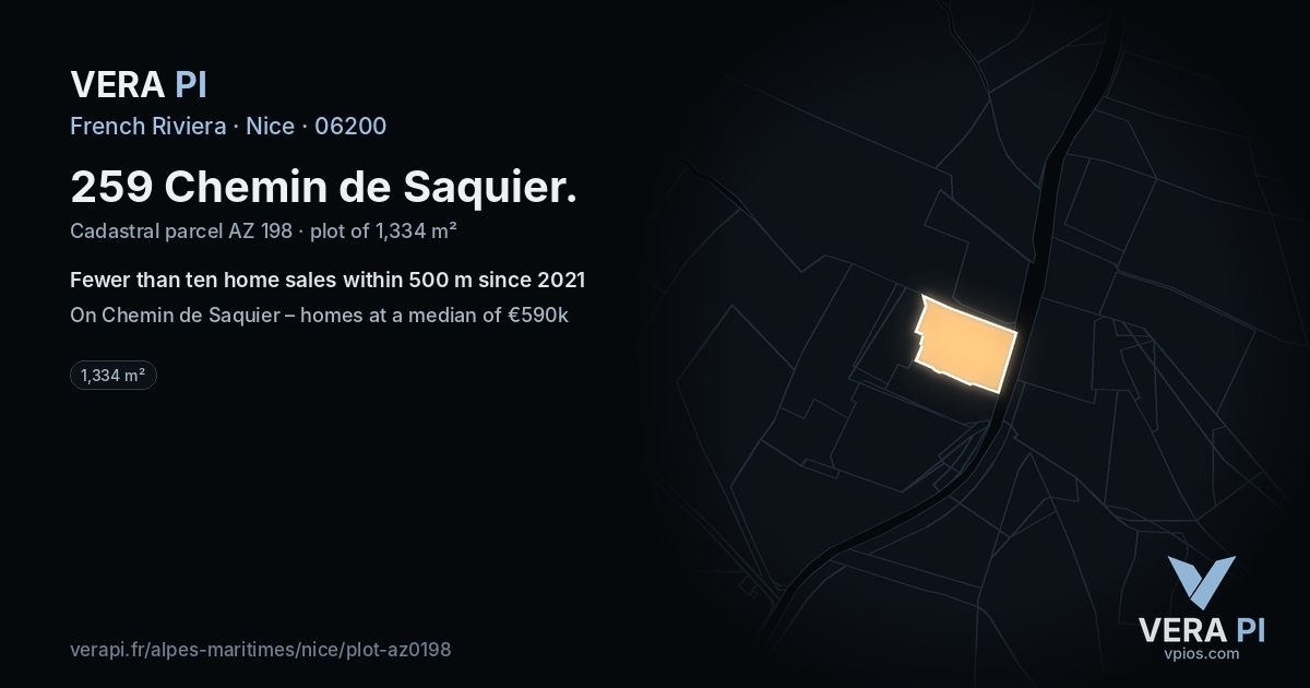 259 Chemin de Saquier, Nice at night – the plot lit, the parcels around coloured by the prices near them
