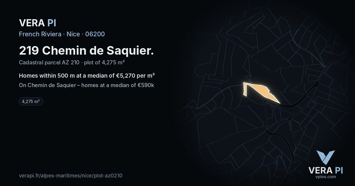219 Chemin de Saquier, Nice at night – the plot lit, the parcels around coloured by the prices near them