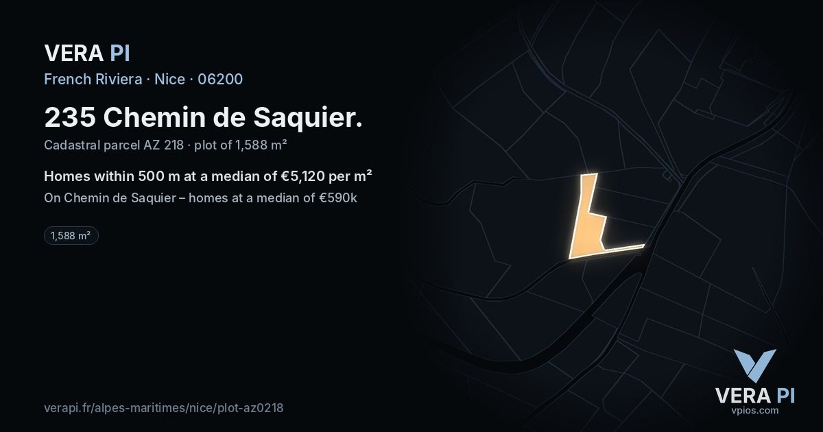 235 Chemin de Saquier, Nice at night – the plot lit, the parcels around coloured by the prices near them