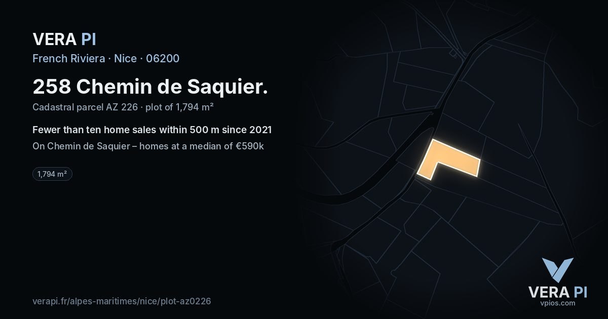 258 Chemin de Saquier, Nice at night – the plot lit, the parcels around coloured by the prices near them